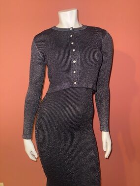 Sweater and Sleeveless Metallic Rib-Knit Midi Dress in Black